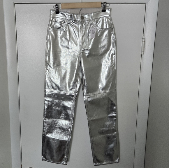 NWT Gap Silver Shiny Metallic Cheeky Straight High Rise Pants Size 4 - Picture 2 of 6